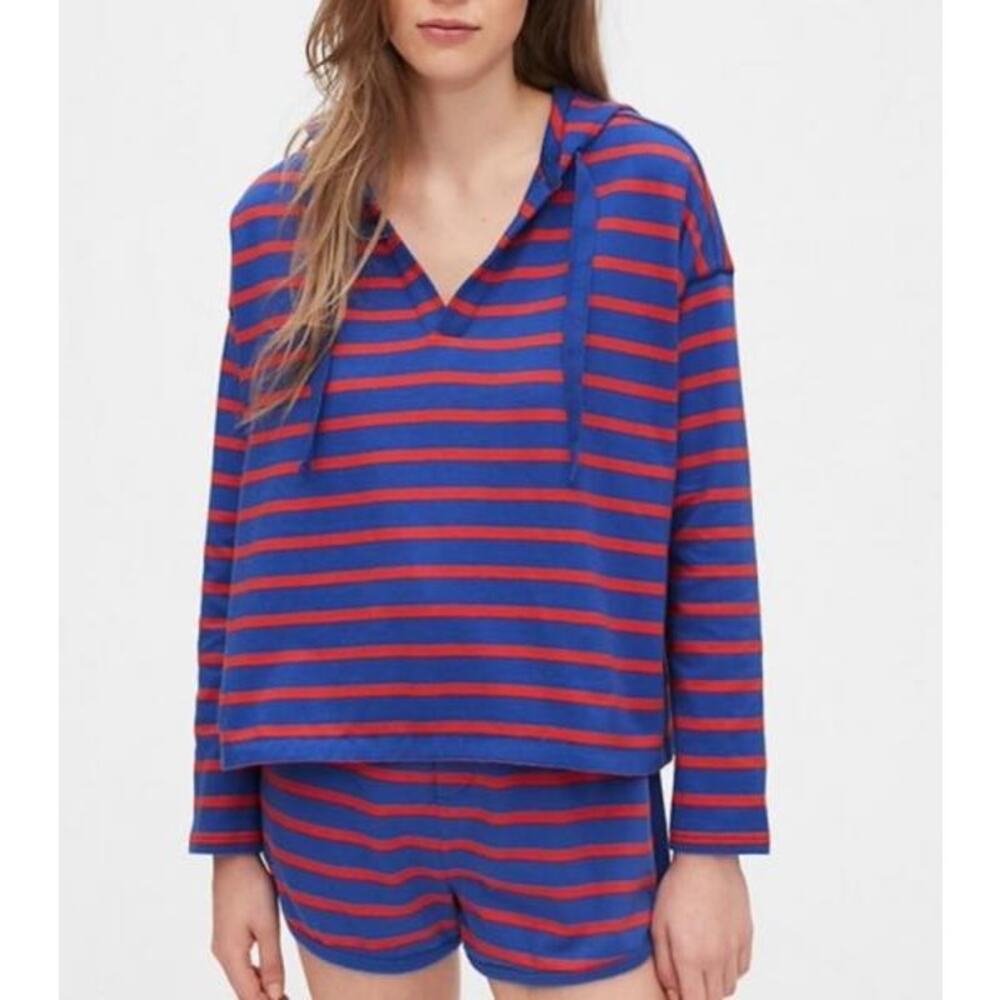 GAP Blue Red Striped Cotton V Neck Hoodie XXS Oversized Nautical NWOT